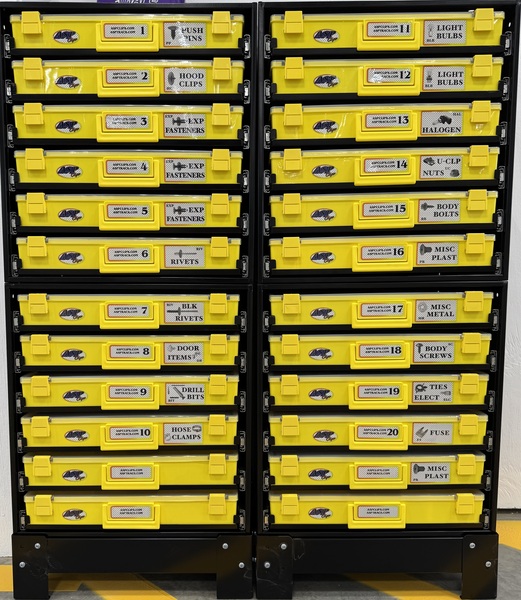 24 DRAWERS WITH CLIPS, BITS, FUSES, HOSE CLAMPS, CABINETS AND STANDS